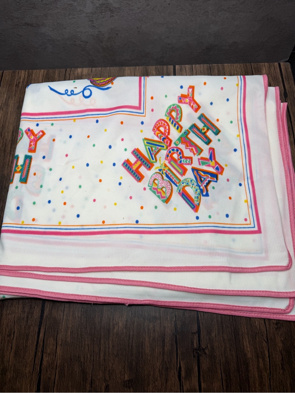 Vintage retro Happy Birthday Polka Dot Pink Trim Party Tablecloth confetti